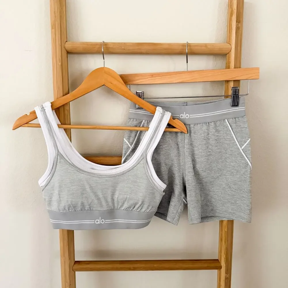 NWOT Alo Yoga Better Together Bra Heart Throb Shorts Set Gray XS S